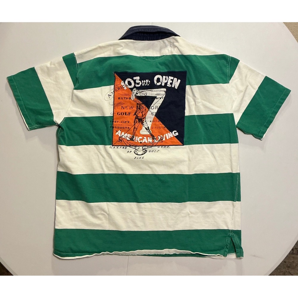 Y2K VTG American Living Rugby Polo Shirt Striped‎ Golf Preppy Green White 2XL